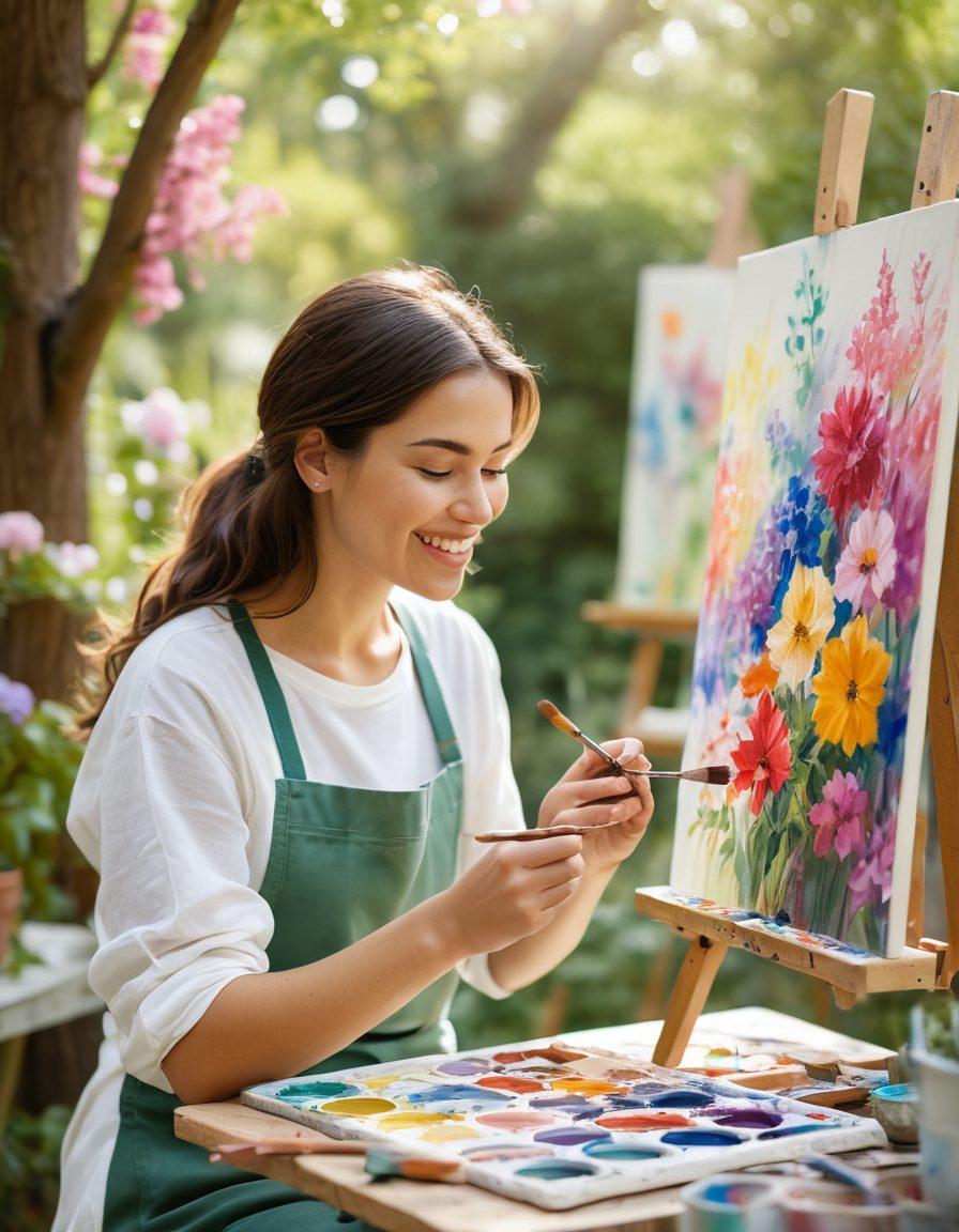 A serene scene depicting a diverse group of people engaged in various hobbies, such as painting, gardening, and crafting, each displaying joy and concentration. Soft natural light filters through trees, creating a peaceful atmosphere. In the foreground, a beginner artist smiles at their canvas, while a close-up shows colorful brushes and flowers in bloom. Vibrant colors. soft focus. painting.