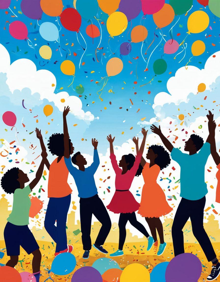 A whimsical scene depicting a diverse group of people engaging in various amateur activities, such as painting, dancing, and crafting, all infused with laughter and joy. Surrounding them are colorful balloons and playful confetti, symbolizing lightheartedness and fun. The background features a radiant sun and fluffy clouds, further enhancing the cheerful atmosphere. A digital illustration style with bright, vibrant colors should be used to convey an uplifting mood. vector art. vibrant colors.