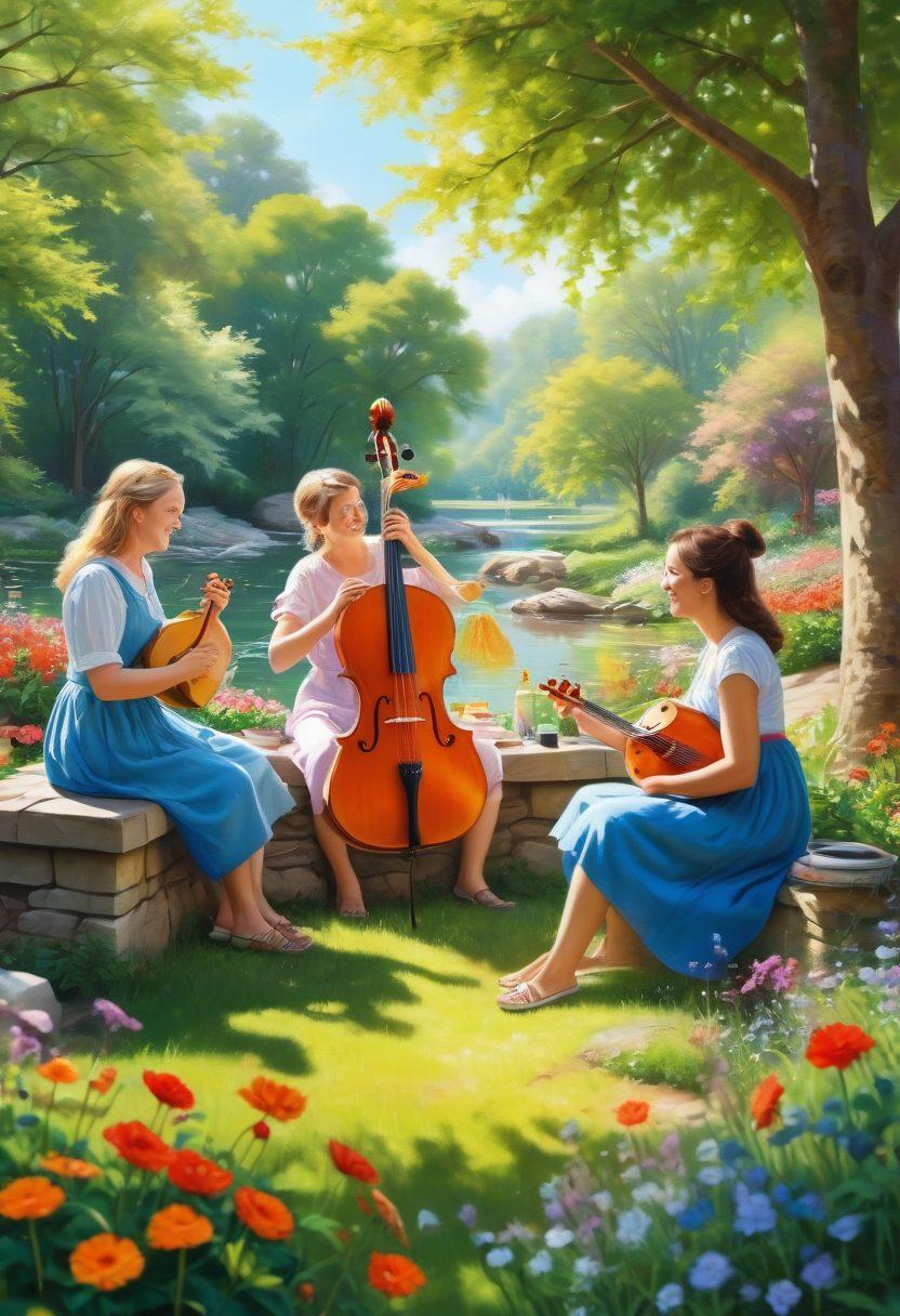 A vibrant scene depicting a diverse group of cheerful amateur hobbyists engaged in various activities, such as painting, gardening, knitting, and playing musical instruments. The background features a sunlit park, filled with blooming flowers and lush greenery, symbolizing joy and creativity. Each person's expression radiates happiness and passion, embodying the theme of finding bliss in hobbies. Bright and lively colors should enhance the atmosphere, inviting viewers into this joyful world. super-realistic. vibrant colors. sunny outdoor setting.
